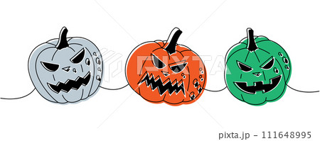 Halloween pumpkins with scary faces. Set of pumpkins faces one line colored continuous drawing. Halloween vegetables continuous one line illustration. Halloween pumpkins with scary faces. Set of pumpkins faces one line colored continuous drawing. Halloween vegetables continuous one line illustration. 111648995
