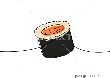 Futomaki, tekkamaki roll one line colored continuous drawing. Japanese cuisine, traditional food continuous one line illustration. Futomaki, tekkamaki roll one line colored continuous drawing. Japanese cuisine, traditional food continuous one line illustration. 111648996