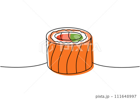 Philadelphia sushi roll one line colored continuous drawing. Japanese cuisine, traditional food continuous one line illustration. 111648997