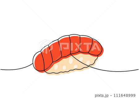 Sake nigiri sushi, toro sushi one line colored continuous drawing. Japanese cuisine, traditional food continuous one line illustration. Sake nigiri sushi, toro sushi one line colored continuous drawing. Japanese cuisine, traditional food continuous one line illustration. 111648999