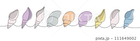 Scallop sea shells set. Sea shells, mollusks, scallop, pearls. Tropical underwater shells continuous one line illustration. Scallop sea shells set. Sea shells, mollusks, scallop, pearls. Tropical underwater shells continuous one line illustration. 111649002