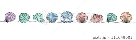 Pearl shells set. Sea shells, mollusks, scallop, pearls. Tropical underwater shells continuous one line illustration. Vector minimalist illustration. 111649003