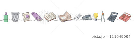School supplies set one line colored continuous drawing. Books, glue, trash can, notebook, calculators, chalk pencil, crayons, office stapler 111649004