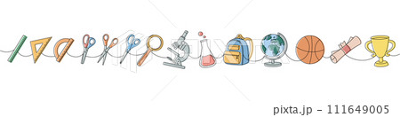 School supplies one line drawing. Back to school. Scissors, ruler scale, schoolbag, globe, basketball ball, magnifying glass, microscope, test tubes 111649005