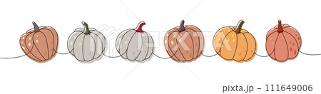 Halloween pumpkins. Set of pumpkins one line colored continuous drawing. Autumn halloween vegetables continuous one line illustration. 111649006