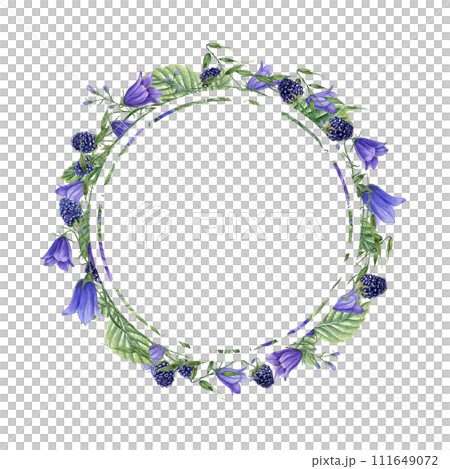 Round frame with Ripe Blackberries, meadow oats, blue harebells. Berries, campanula, avena. Dewberry, bramble. Watercolor illustration. For template package greetings. Space for text Round frame with Ripe Blackberries, meadow oats, blue harebells. Berries, campanula, avena. Dewberry, bramble. Watercolor illustration. For template package greetings. Space for text 111649072