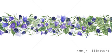 Seamless border with forest Blackberries and meadow plants. Berries, campanula, avena. Dewberry, bramble, harebells. Watercolor illustration. For template package textile. Seamless border with forest Blackberries and meadow plants. Berries, campanula, avena. Dewberry, bramble, harebells. Watercolor illustration. For template package textile. 111649074