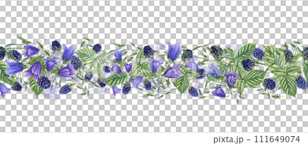 Seamless border with forest Blackberries and meadow plants. Berries, campanula, avena. Dewberry, bramble, harebells. Watercolor illustration. For template package textile. Seamless border with forest Blackberries and meadow plants. Berries, campanula, avena. Dewberry, bramble, harebells. Watercolor illustration. For template package textile. 111649074