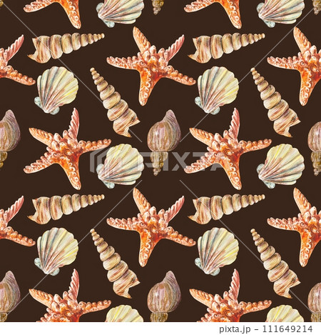 Seashells watercolor pattern. Seamless pattern on a dark background. Design element for cards, wrapping paper, fabric, covers, clothing, textiles. Seashells watercolor pattern. Seamless pattern on a dark background. Design element for cards, wrapping paper, fabric, covers, clothing, textiles. 111649214