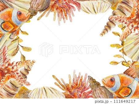 Frame with watercolor starfish, shells, fish. Illustration isolated on a white background. Cards, sea banners, labels, templates, invitations. Frame with watercolor starfish, shells, fish. Illustration isolated on a white background. Cards, sea banners, labels, templates, invitations. 111649217