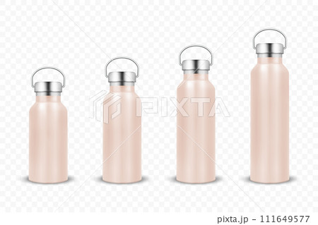 Vector Realistic 3d Pink Color Metal or Plastic Blank Glossy Reusable Water Bottle Set with Silver Bung Closeup Isolated on White Background. Design Template of Packaging Mockup. Front View Vector Realistic 3d Pink Color Metal or Plastic Blank Glossy Reusable Water Bottle Set with Silver Bung Closeup Isolated on White Background. Design Template of Packaging Mockup. Front View 111649577