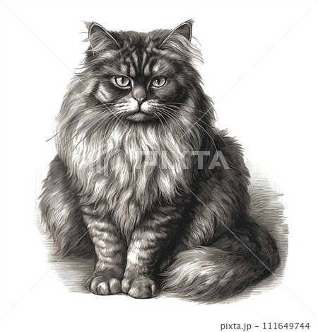 Persian cat, retro engraving style, close-up portrait, black and white drawing, cute fluffy kitten, favorite pet 111649744