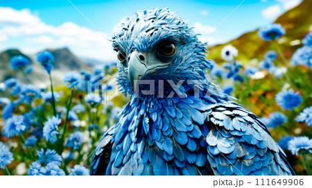 Close up of blue bird in field of flowers with mountains in the background. 111649906