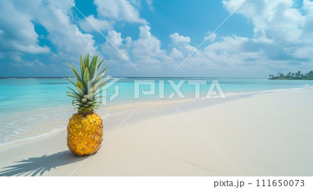 AI-generated content. Summer concept pineapple on the tropical beach. AI-generated content. Summer concept pineapple on the tropical beach. 111650073