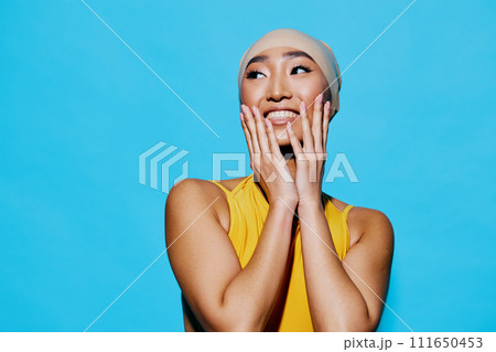 Lips woman eyes lifestyle smile yellow blue casual portrait funny fashion beauty surprised trendy 111650453