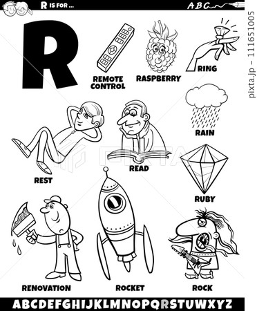 Letter R set with cartoon objects and characters coloring page 111651005
