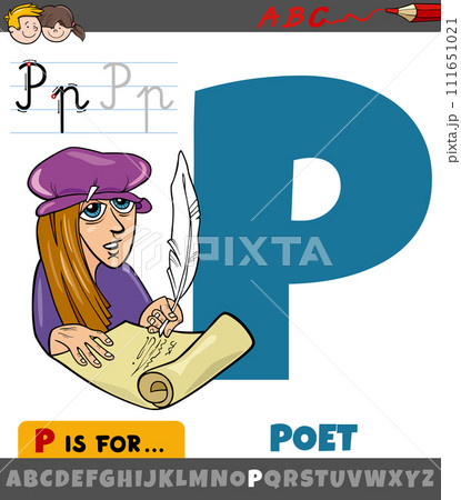 letter P from alphabet with cartoon poet character 111651021