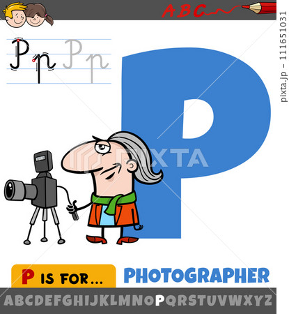 letter P from alphabet with cartoon photographer character letter P from alphabet with cartoon photographer character 111651031