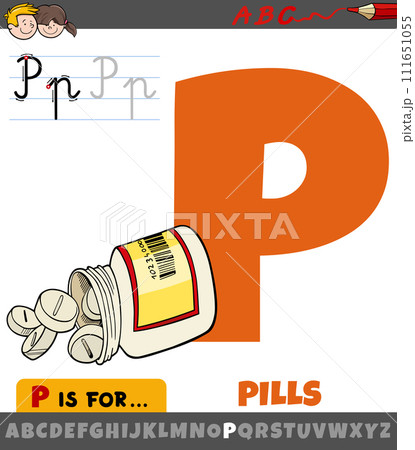 letter P from alphabet with cartoon pills medicine object 111651055