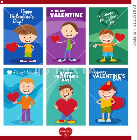 cartoon boys with Valentine cards on Valentines Day set cartoon boys with Valentine cards on Valentines Day set 111651083