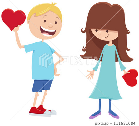 cartoon girl and boy characters on Valentines Day 111651084