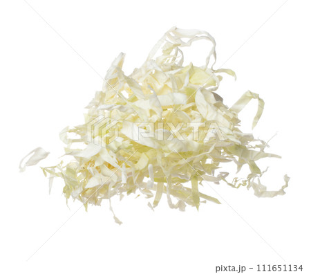 Cabbage fly in mid air, green fresh vegetable cabbage cut chop slice food. Organic fresh vegetable with eaten leaf of cabbage falling, close up texture. White background isolated freeze motion 111651134