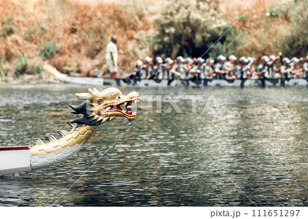 Close-up of a Dragon Boat head during Traditional Dragon Boat Racings Close-up of a Dragon Boat head during Traditional Dragon Boat Racings 111651297