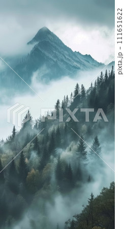 AI-generated content. Misty foggy mountain landscape with fir forest and copy space.  111651622