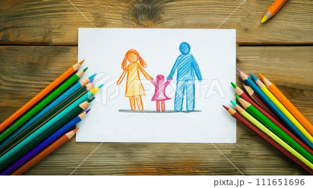 AI-generated content. Drawing of a family drawn with colored pencils  111651696