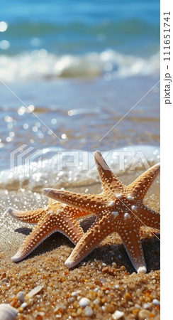AI-generated content. Starfish on the beach, summer concept. 111651741