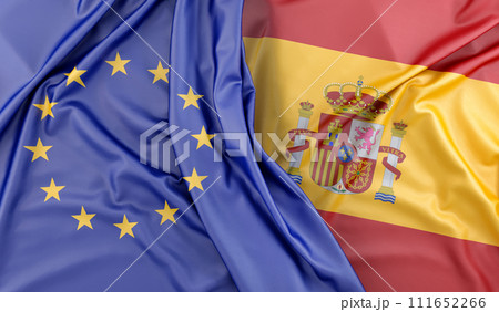 Ruffled Flags of European Union and Spain. 3D Rendering 111652266