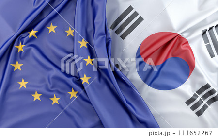 Ruffled Flags of European Union and South Korea. 3D Rendering Ruffled Flags of European Union and South Korea. 3D Rendering 111652267