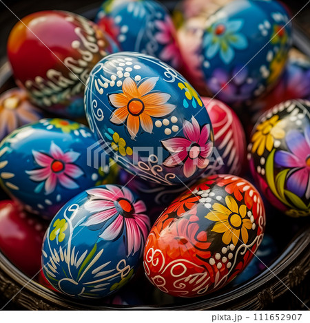 AI-generated content. Easter celebration, featuring close up of a collection of brightly colored eggs, each intricately painted with various patterns and designs, placed in a wicker basket 111652907