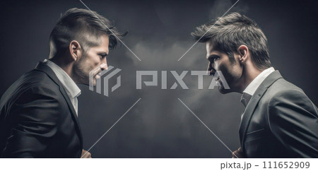 AI-generated content. Two businessmen facing each other, with aggressive facial expressions, on a dark background, copy space  111652909
