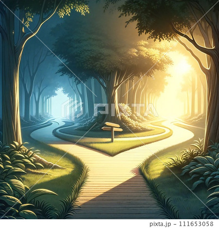 左右に分かれる森の道 左右に分かれる森の道 111653058