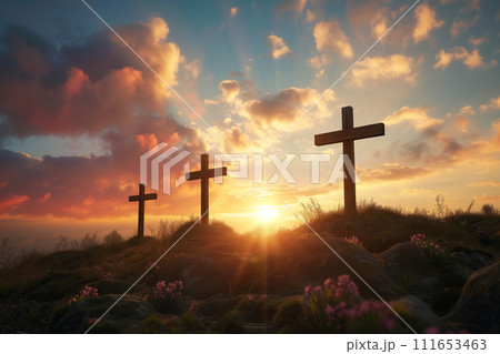 Three Crosses on Calvary Hill Dramatic Sunset at Golgotha 111653463
