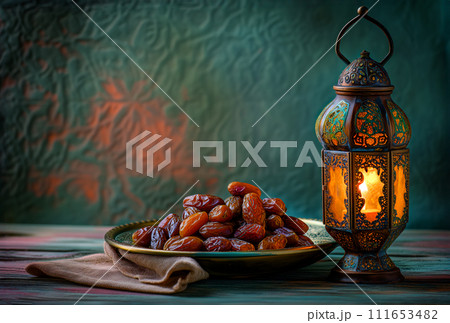 Ramadan Lantern and plate of Figs 111653482