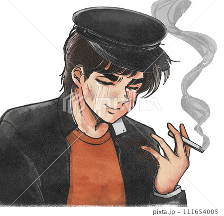 昭和時代の不良番長が泣きながら煙草を吸うイラストのイラスト素材