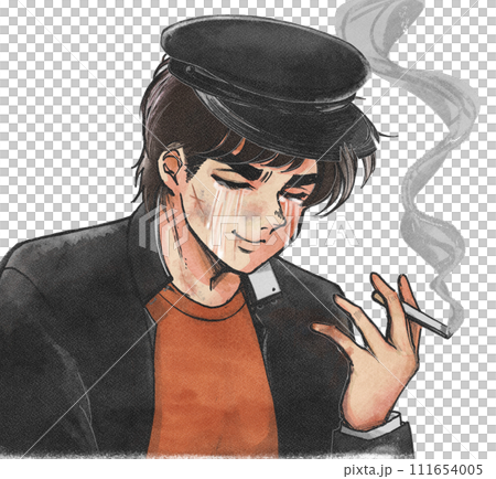 昭和時代の不良番長が泣きながら煙草を吸うイラストのイラスト素材