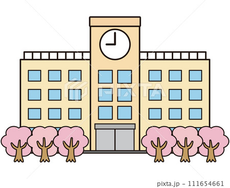 シンプルな学校の校舎と桜 111654661