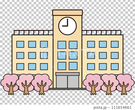 シンプルな学校の校舎と桜 111654661