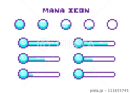 Pixel Art Game Mana Bar Progress and Mana Ball Icons Set. 8 Bit Retro Computer Video Game UI HUD Light Blue Elements For Status Indicator and Animation.  111655745