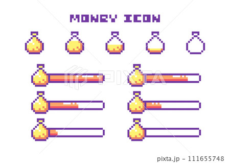 Pixel Art Game Money Bar Progress and Bag of Gold Icons Set. 8 Bit Retro Computer Video Game UI HUD Orange Elements For Status Indicator and Animation.  111655748