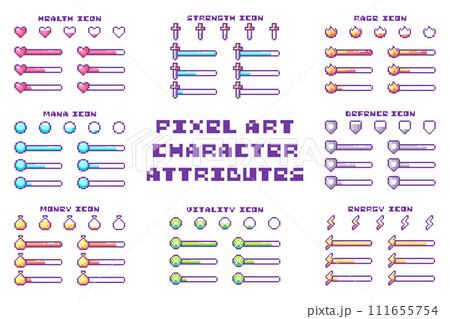 Retro Pixel Art Game UI: Health, Energy, Mana Bars, Bars Progress, 8-bit Arcade Style, Defense, Money Indicator, HUD Elements, Yellow, Green, Blue, Red Vector Status, Animation Set for 8 Bit Design. 111655754