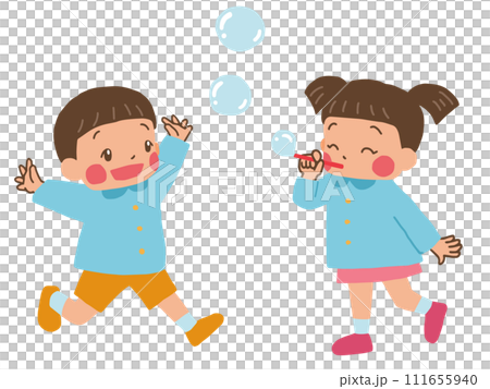 Children playing with soap bubbles Children playing with soap bubbles 111655940