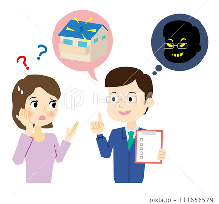 リフォーム詐欺業者と話をする女性 111656579