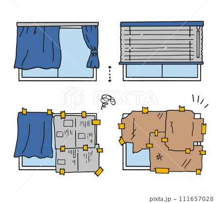 短いカーテン・ブラインド 新聞紙・段ボールで目隠しをした窓 短いカーテン・ブラインド 新聞紙・段ボールで目隠しをした窓 111657028