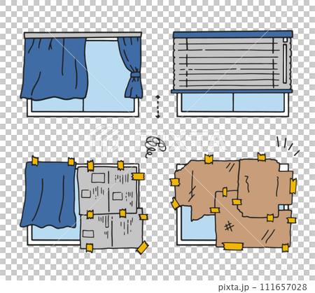 短いカーテン・ブラインド 新聞紙・段ボールで目隠しをした窓 短いカーテン・ブラインド 新聞紙・段ボールで目隠しをした窓 111657028