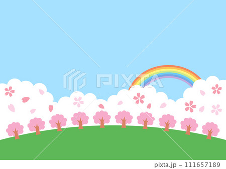 満開の桜並木と虹のかかった青空の背景 満開の桜並木と虹のかかった青空の背景 111657189