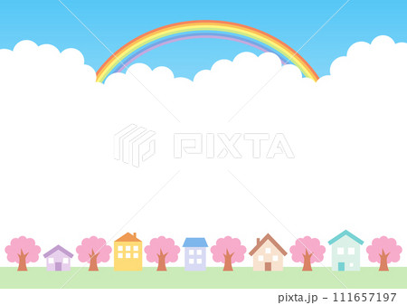 桜とカラフルな街並みと虹のかかった青空の背景 111657197